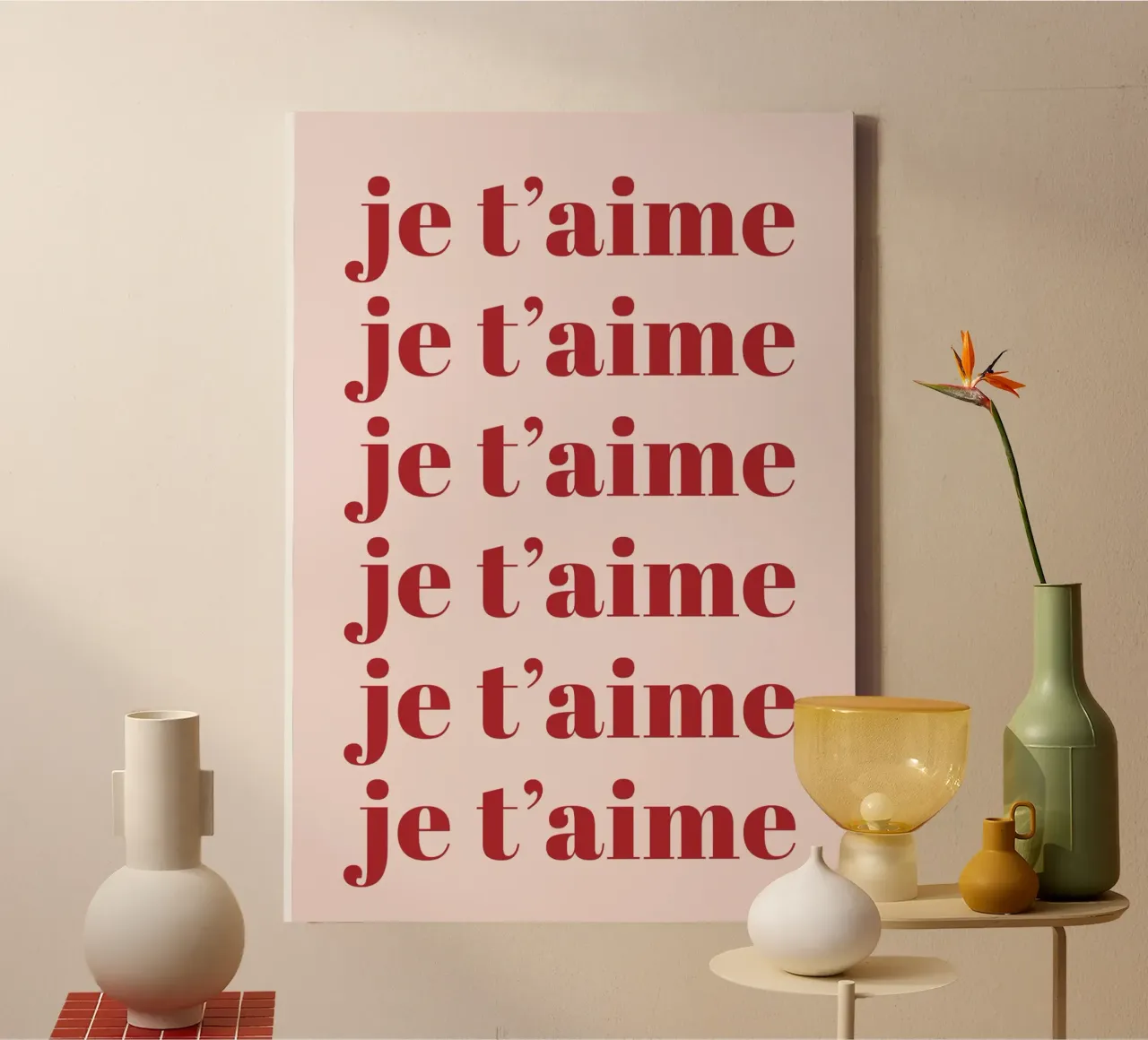 Romantic French Typography Print in Soft Pink and Red canvas with Floater frame by Ink &Echo