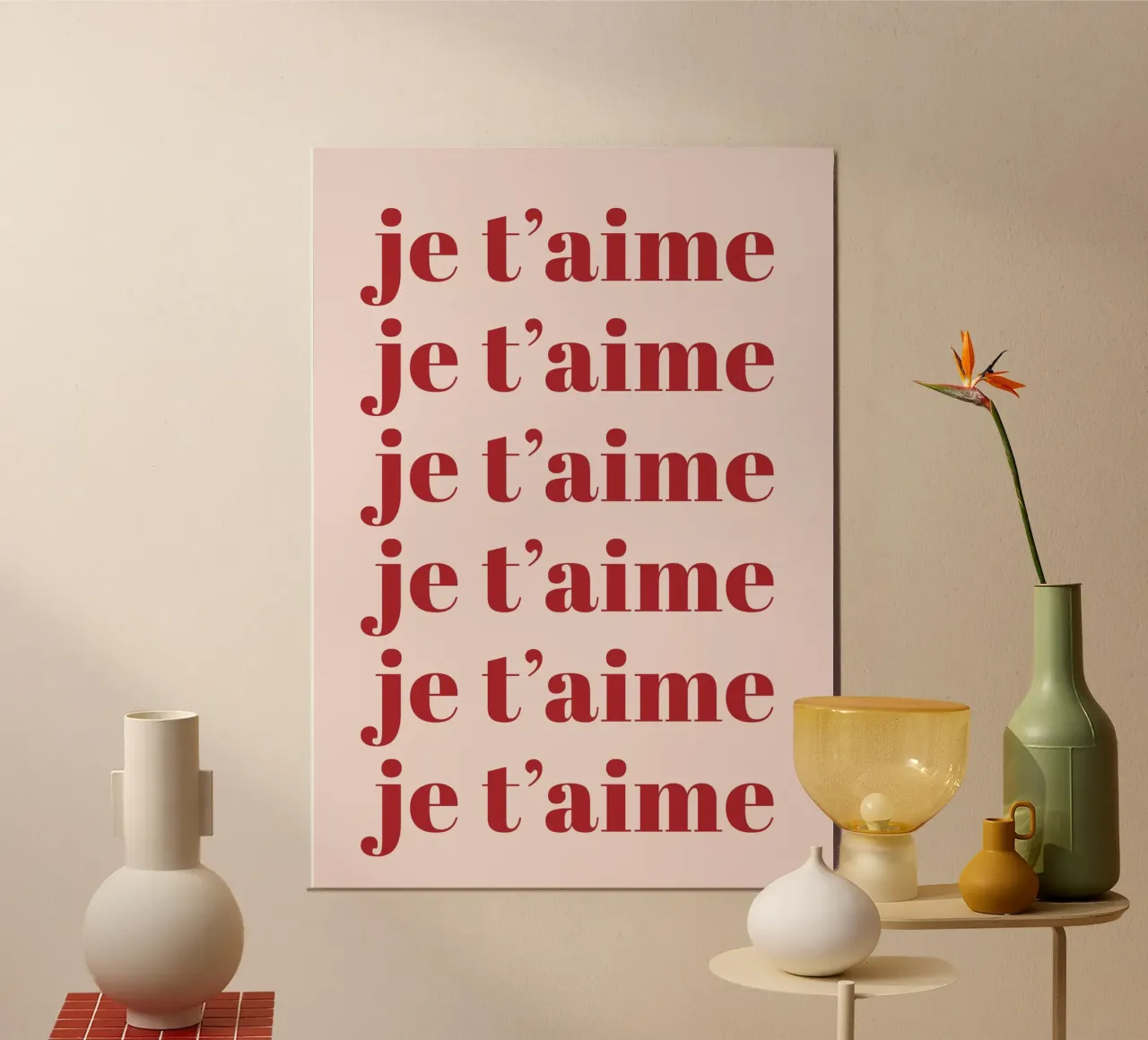 Romantic French Typography Print in Soft Pink and Red poster with plastic frame by Ink &Echo