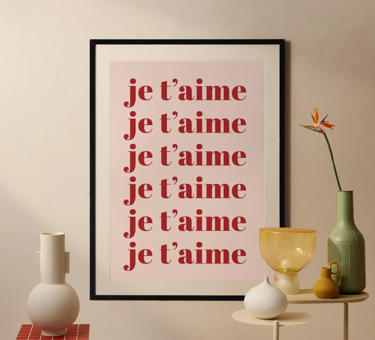 Romantic French Typography Print in Soft Pink and Red poster with plastic frame by Ink &Echo