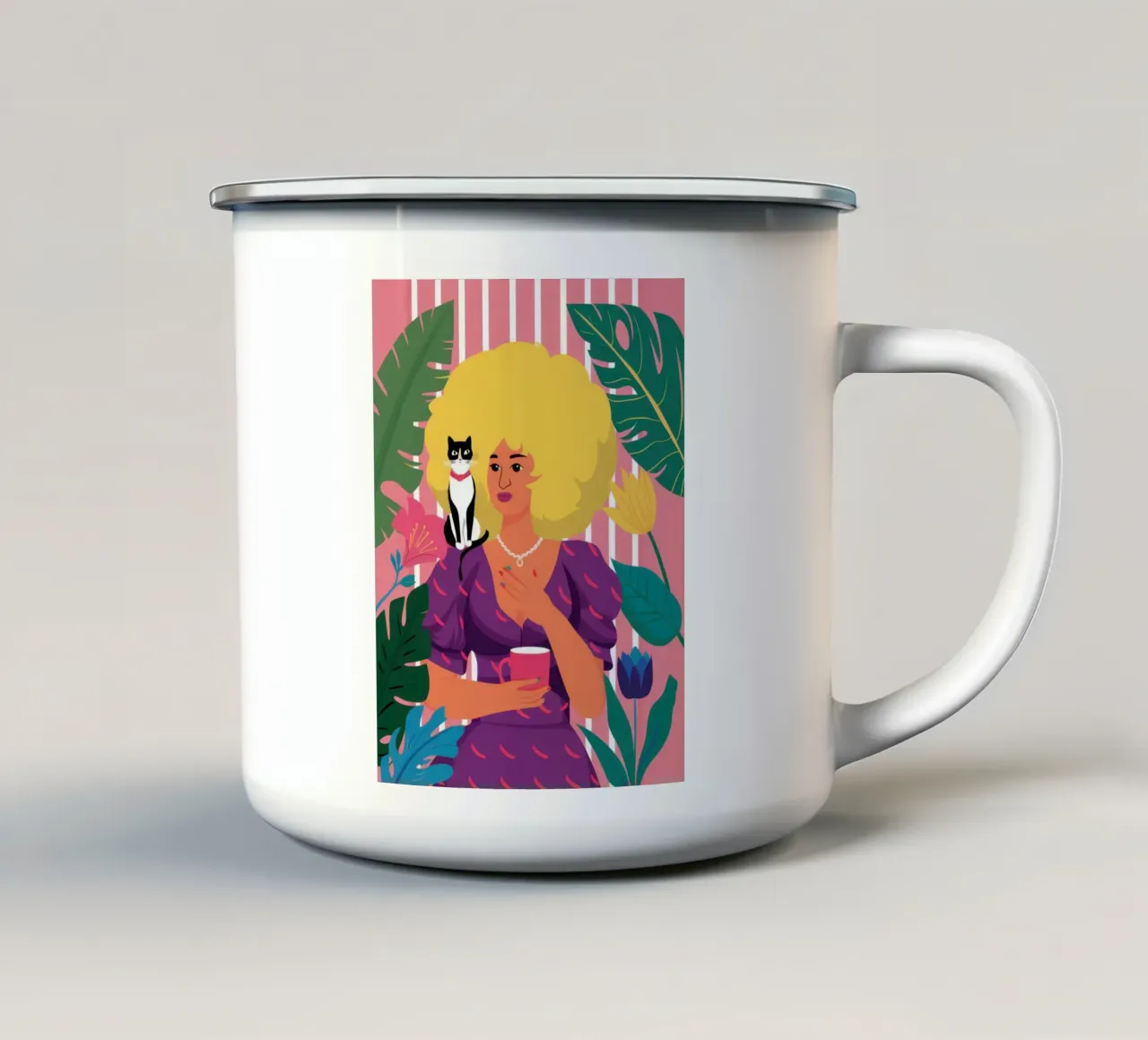 Gatto Diva socievole tazza in smalto da Selene Shade