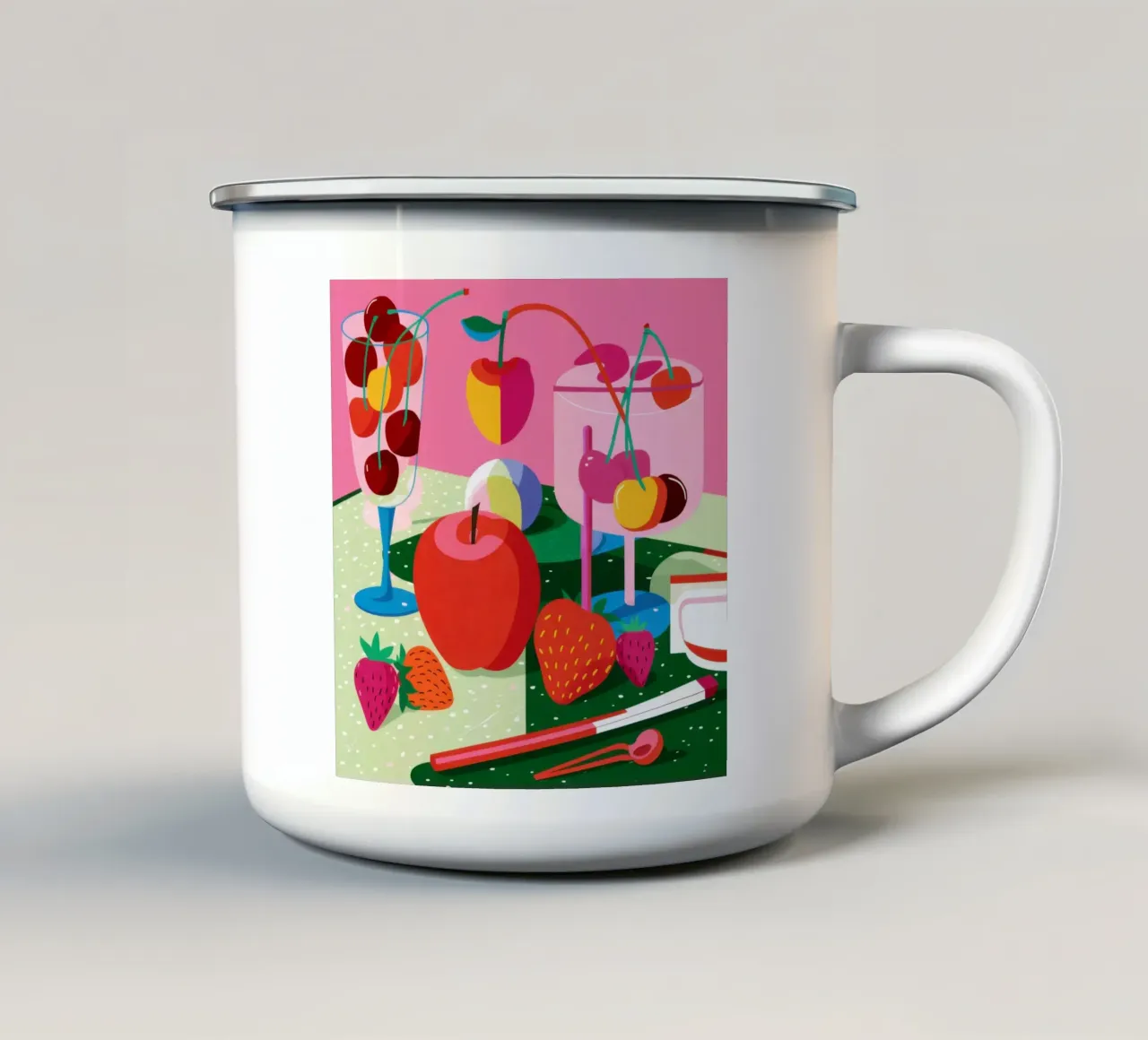 Pila di frutta Pop Art tazza in smalto da Trace Brush