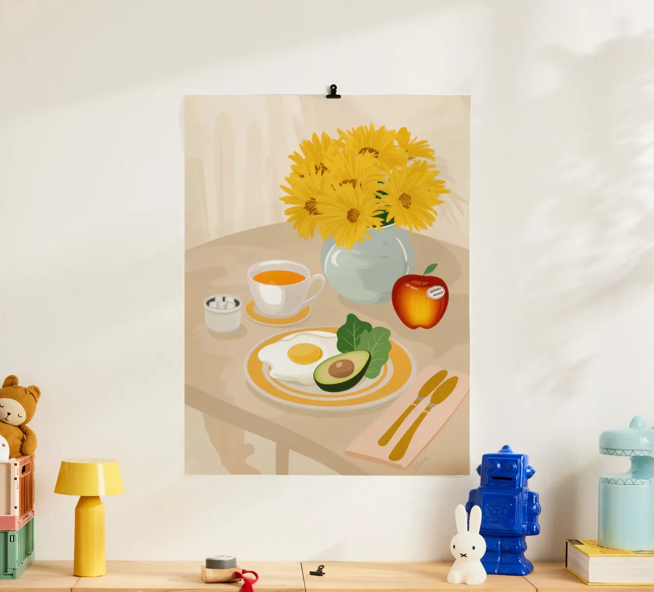 Colazione soleggiata a base di avocado poster con telaio in legno da Irish Strokes