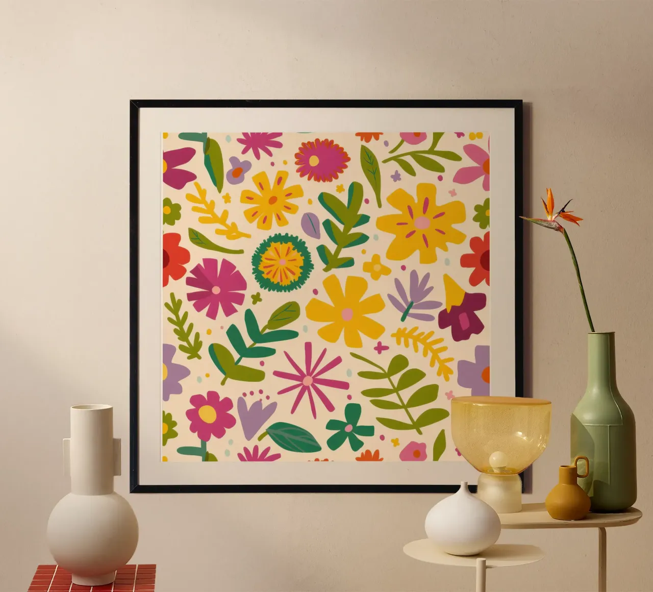 Allegro floreale retrò poster con telaio in alluminio da Irish Strokes