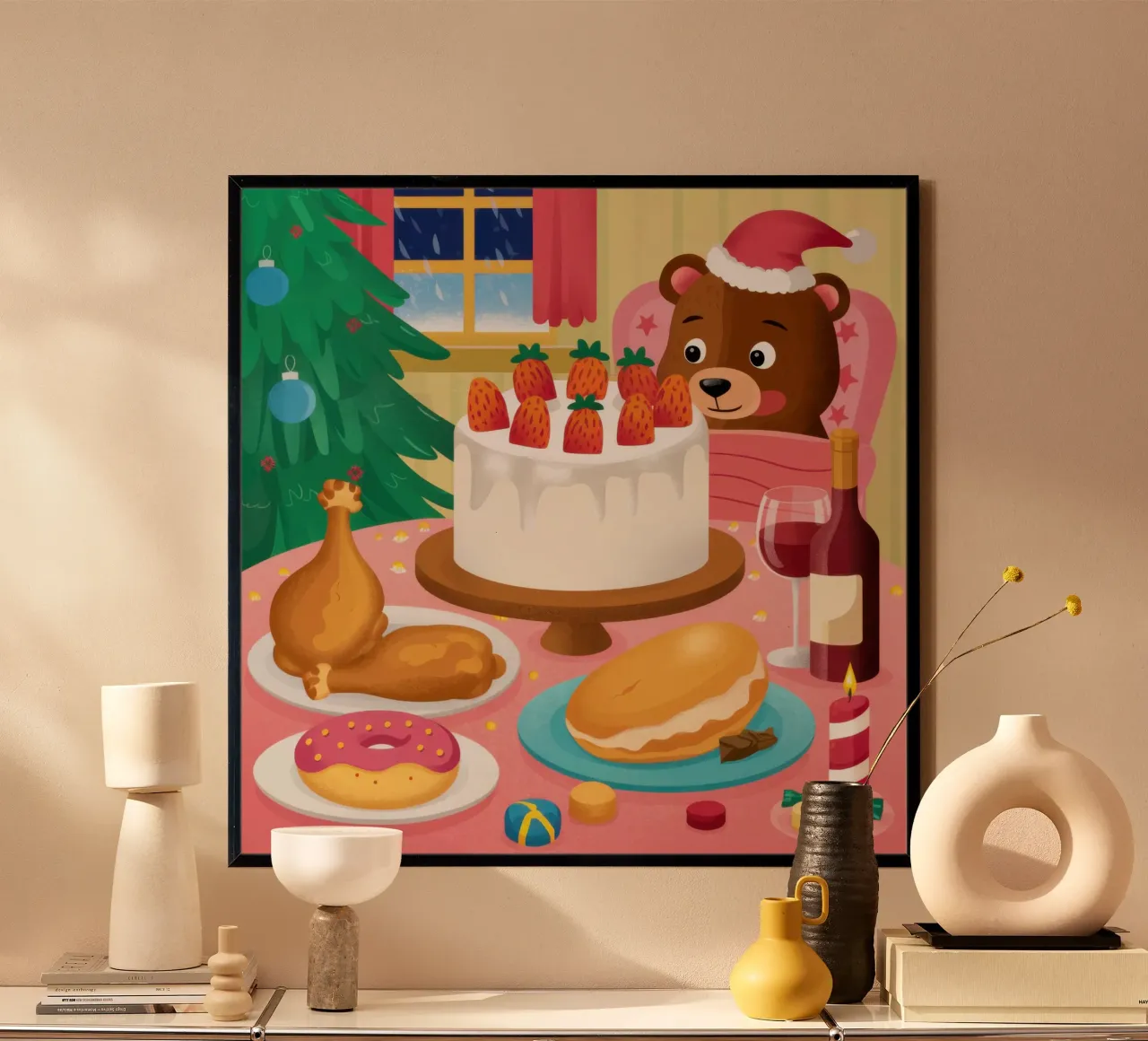 Festa di Natale dell'orso poster con telaio in legno da Gaia Viesta