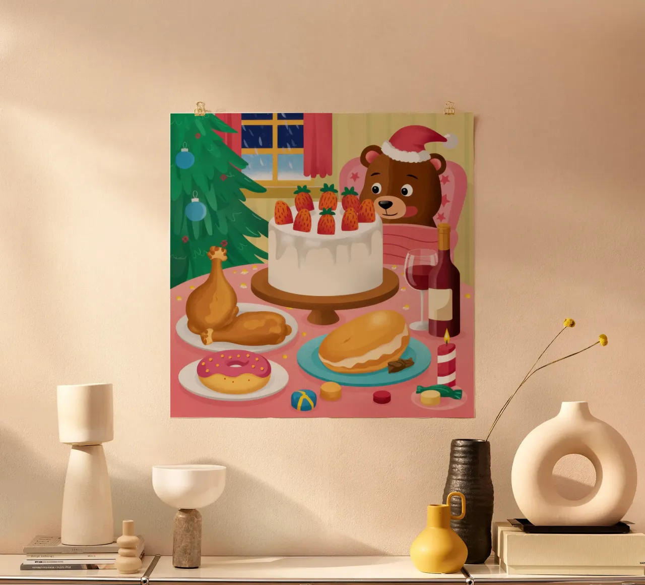 Festa di Natale dell'orso poster con telaio in legno da Gaia Viesta