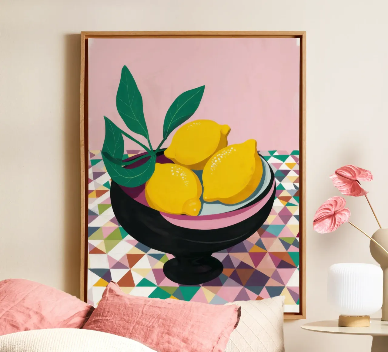 Geometric Lemon Bowl canvas with Floater frame by Trace Brush