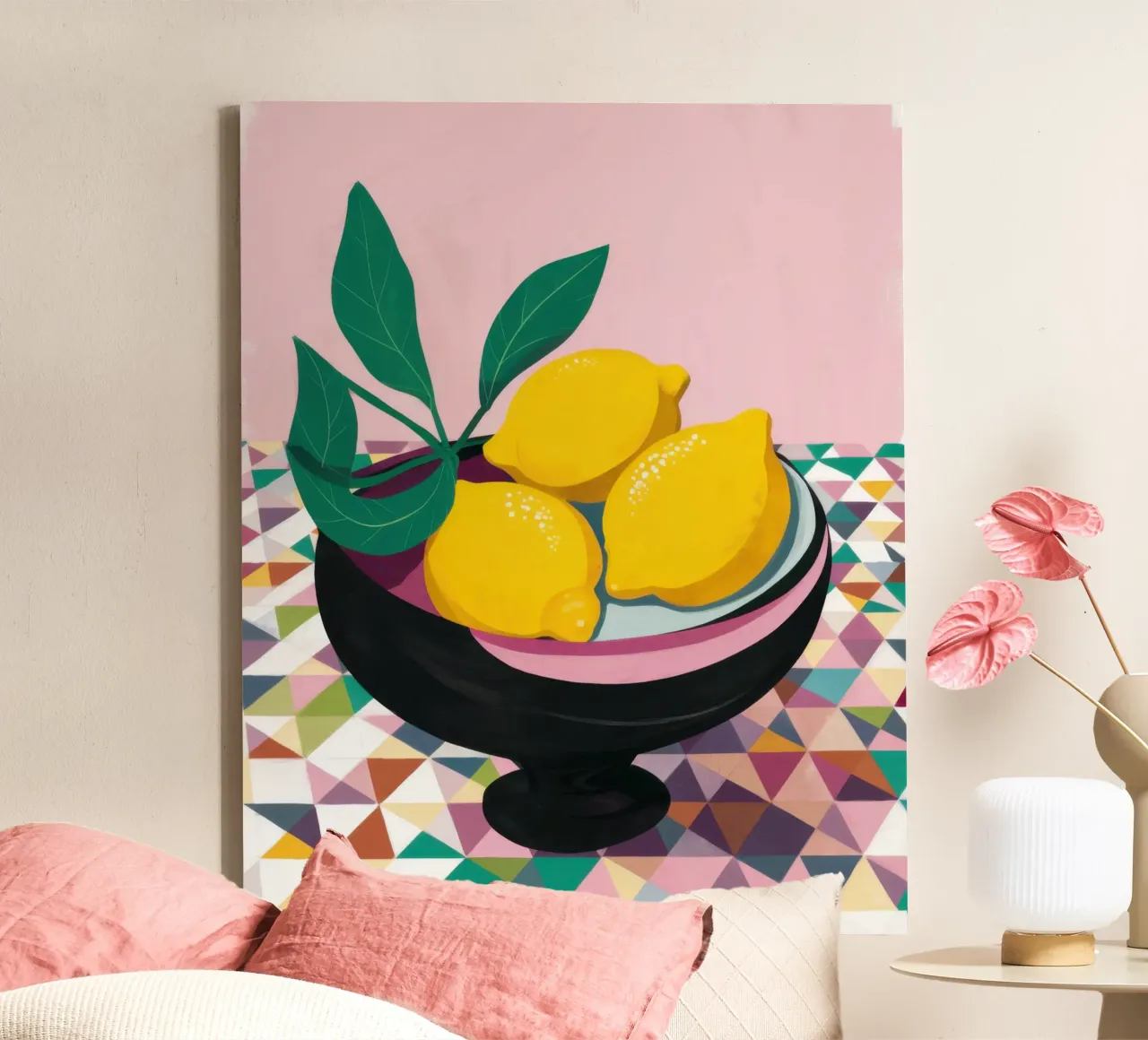 Geometric Lemon Bowl canvas with Floater frame by Trace Brush