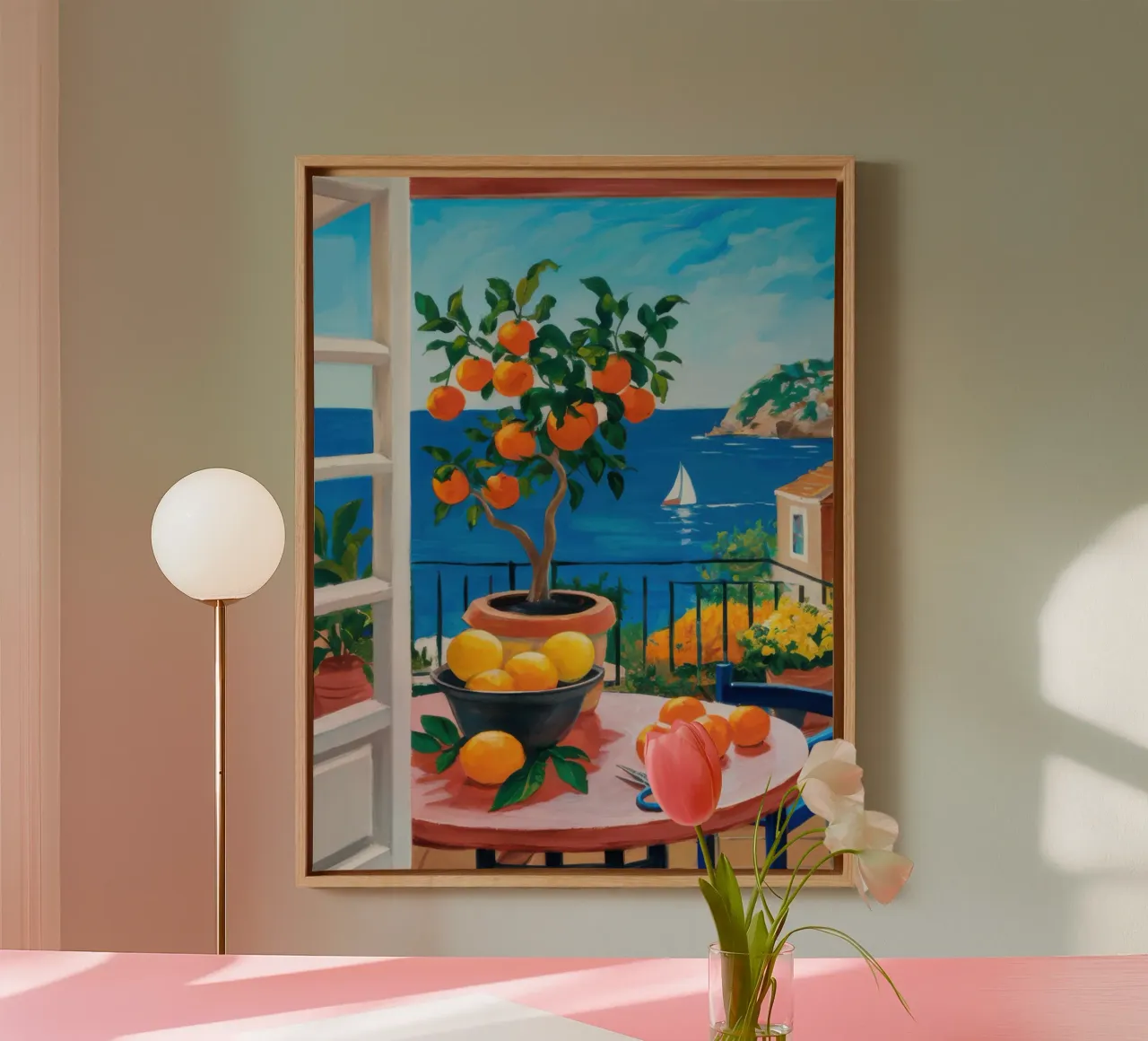 Vue sur le balcon en bord de mer toile avec Caisse américaine de Gaia Viesta