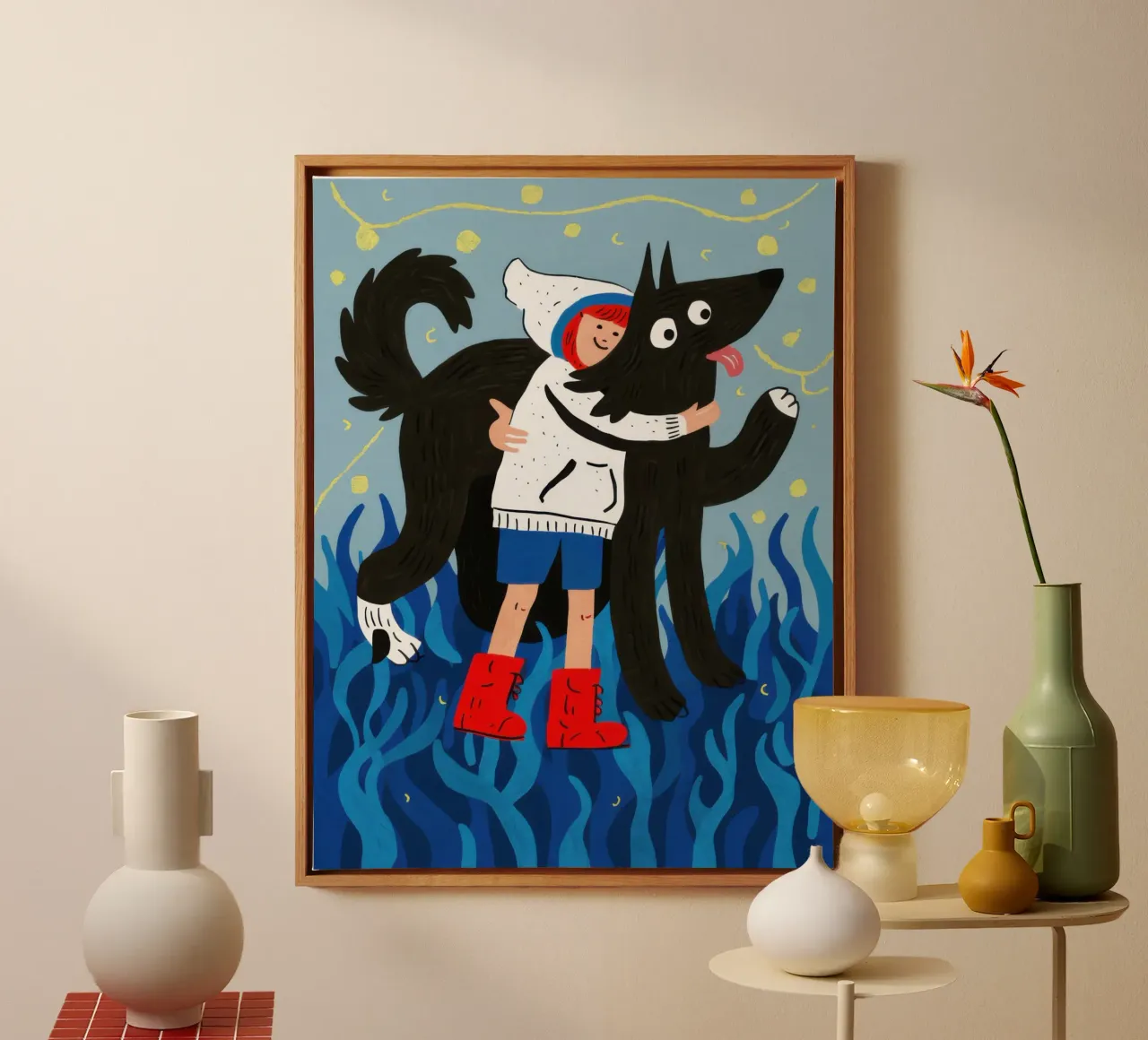 Dog Joyful Romp canvas with Floater frame by Gaia Viesta