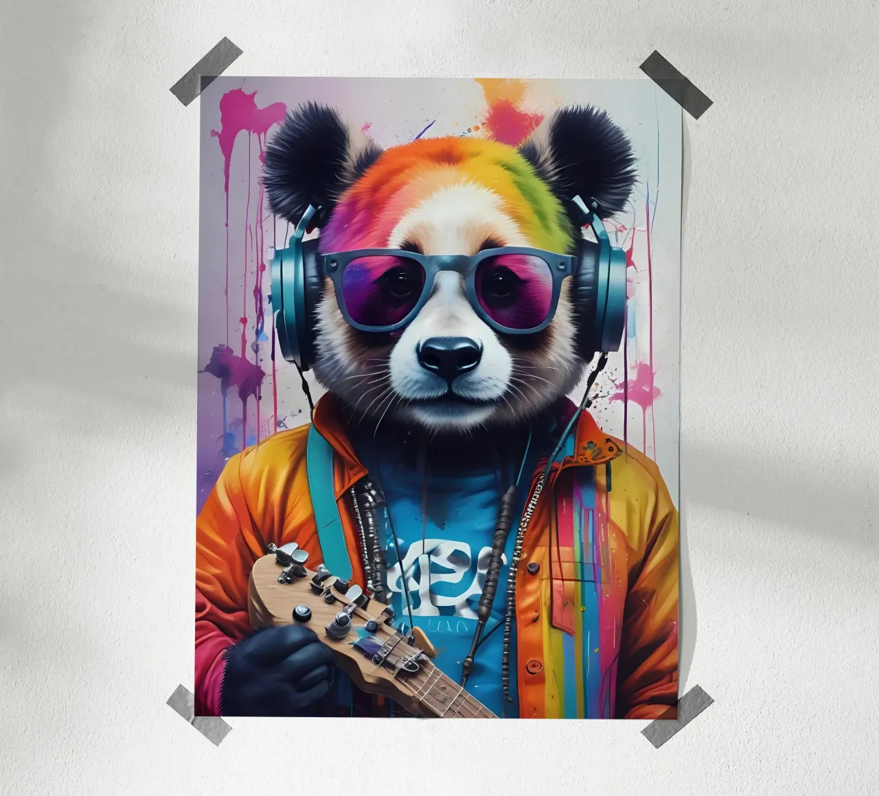 Panda in glassa con cuffie poster con telaio in alluminio da MakArena