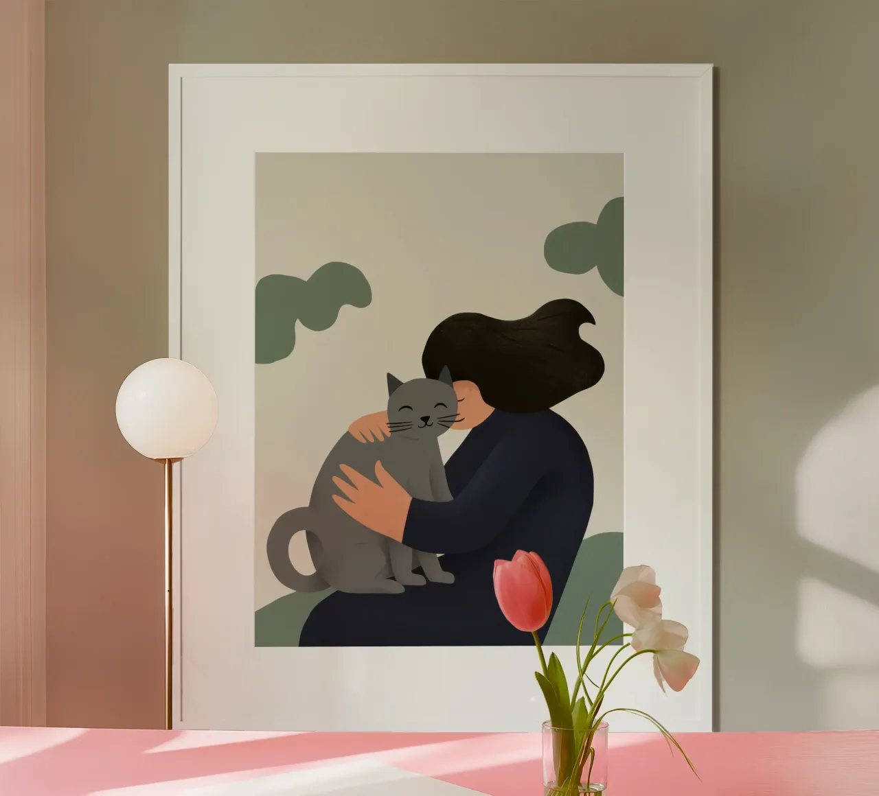 Mujer abrazando a un gato poster con marco de aluminio de Gaia Viesta