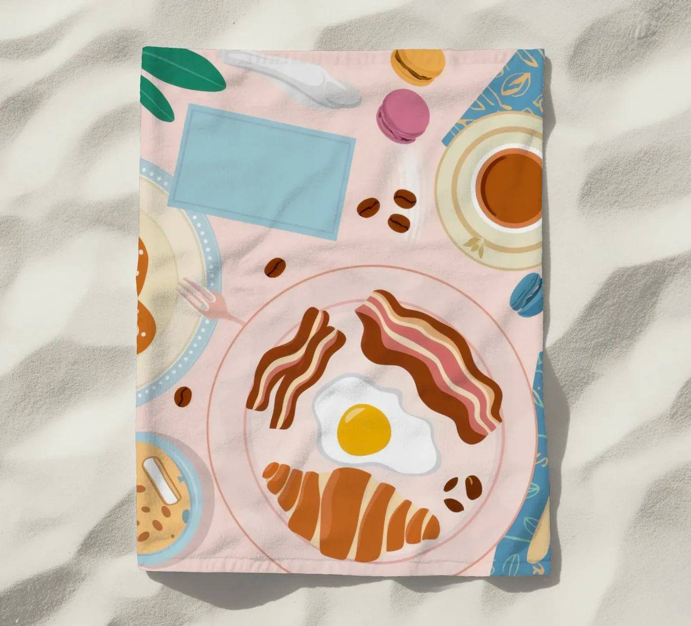 Breakfast Table Flatlay beach towel by Gaia Viesta