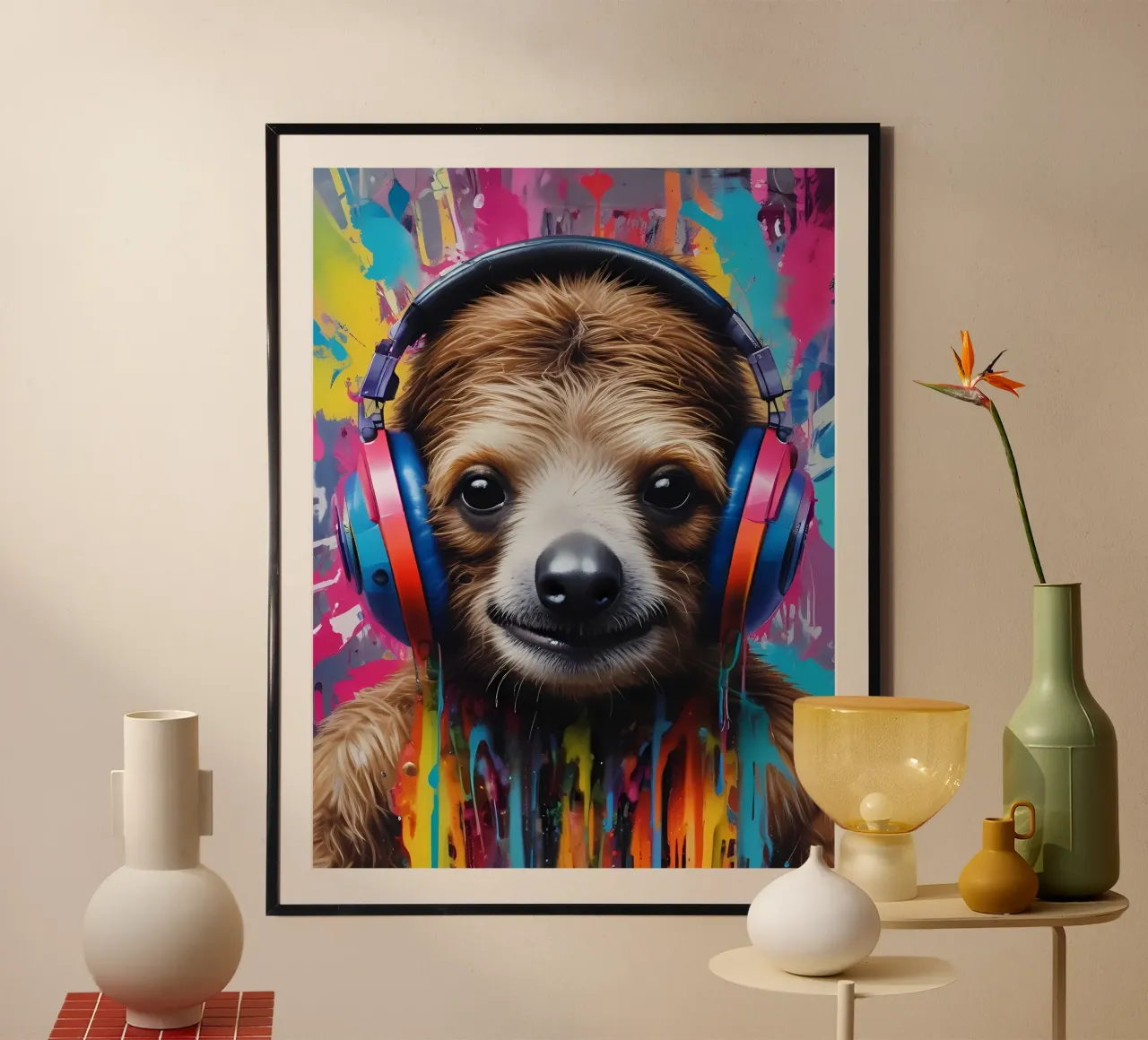 Bradipo in cuffia poster con telaio in alluminio da MakArena