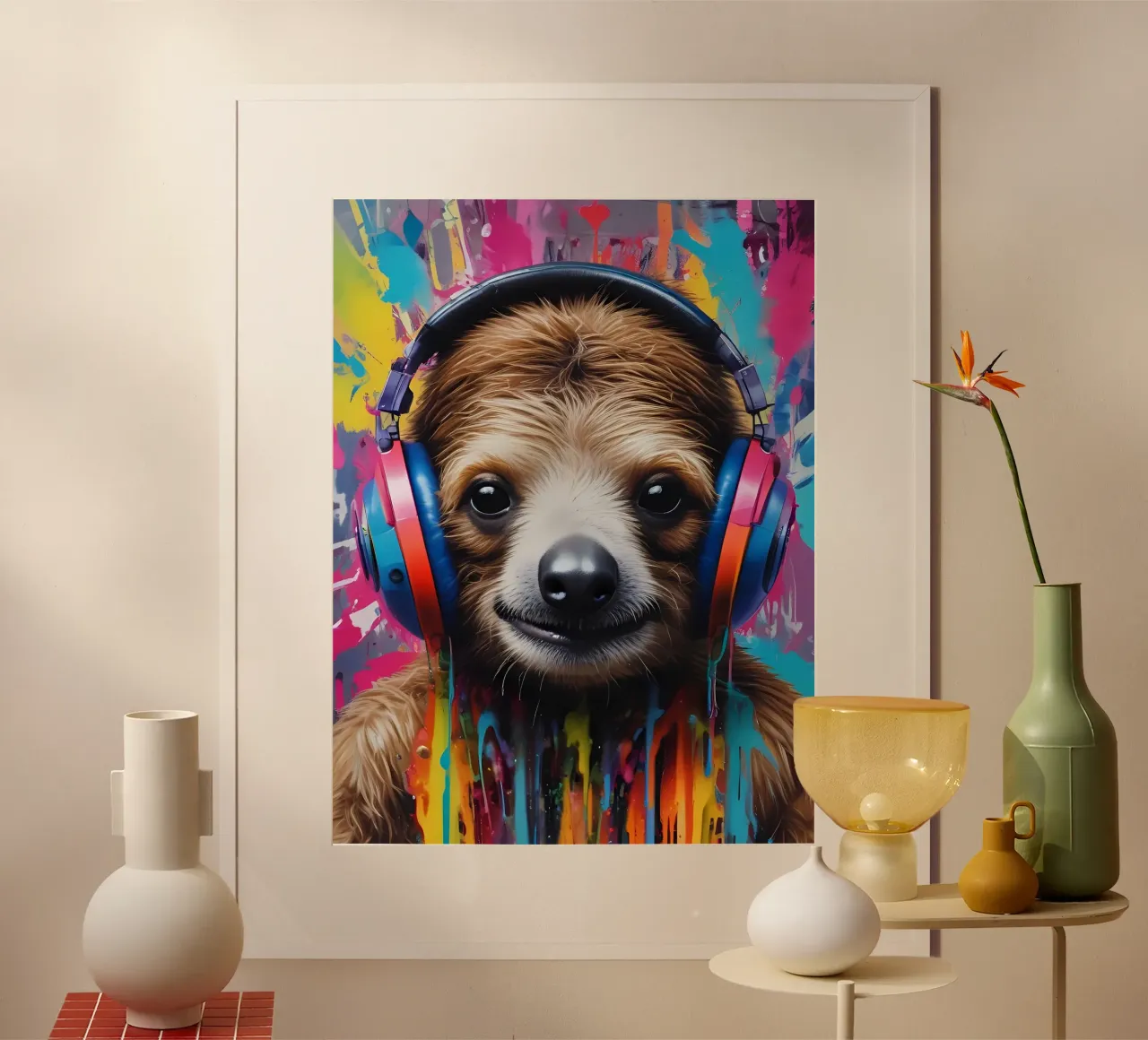Bradipo in cuffia poster con telaio in alluminio da MakArena