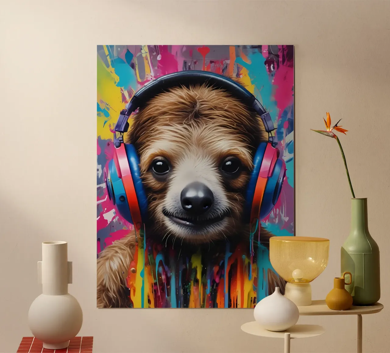 Bradipo in cuffia poster con telaio in alluminio da MakArena