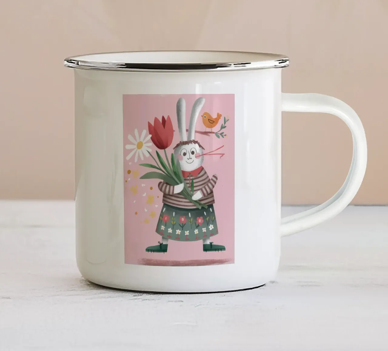 Rabbit with Tulips enamel mug by Irish Strokes