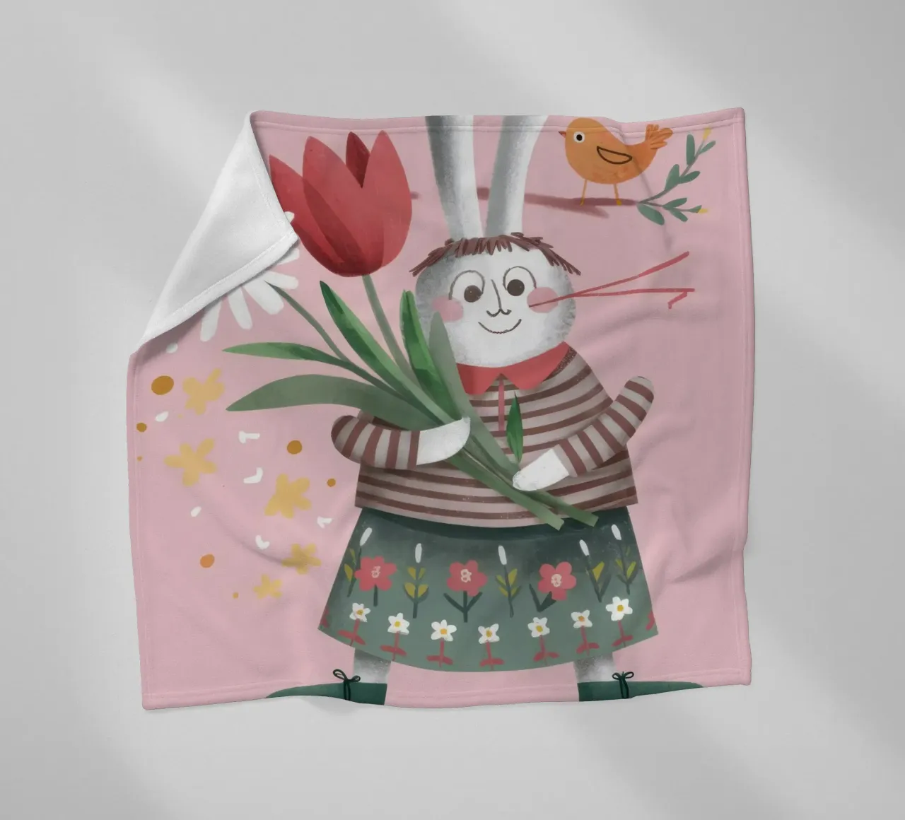 Rabbit with Tulips fleece blanket by Irish Strokes