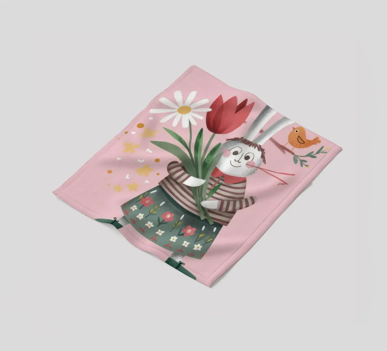 Rabbit with Tulips fleece blanket by Irish Strokes