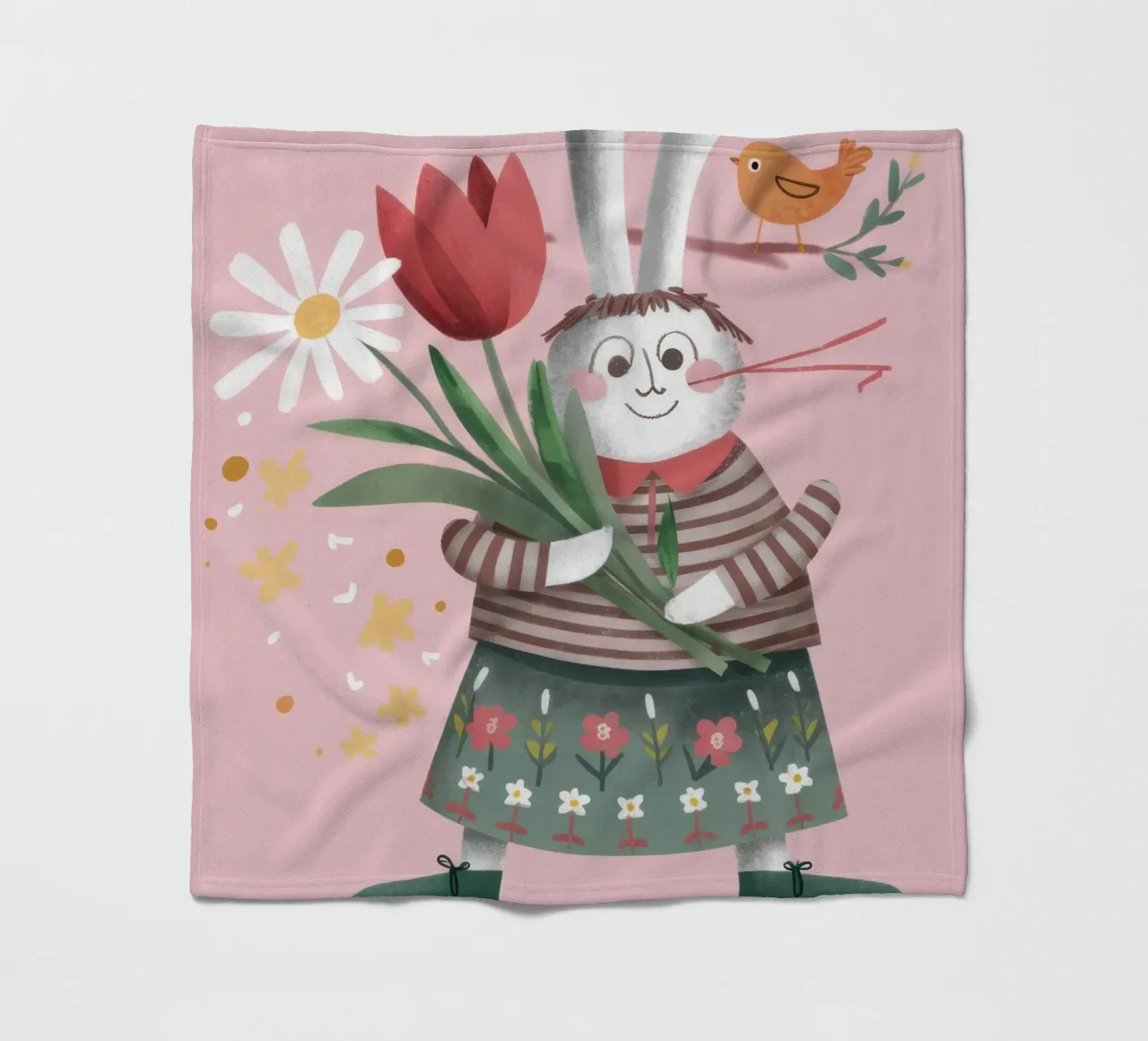 Rabbit with Tulips fleece blanket by Irish Strokes