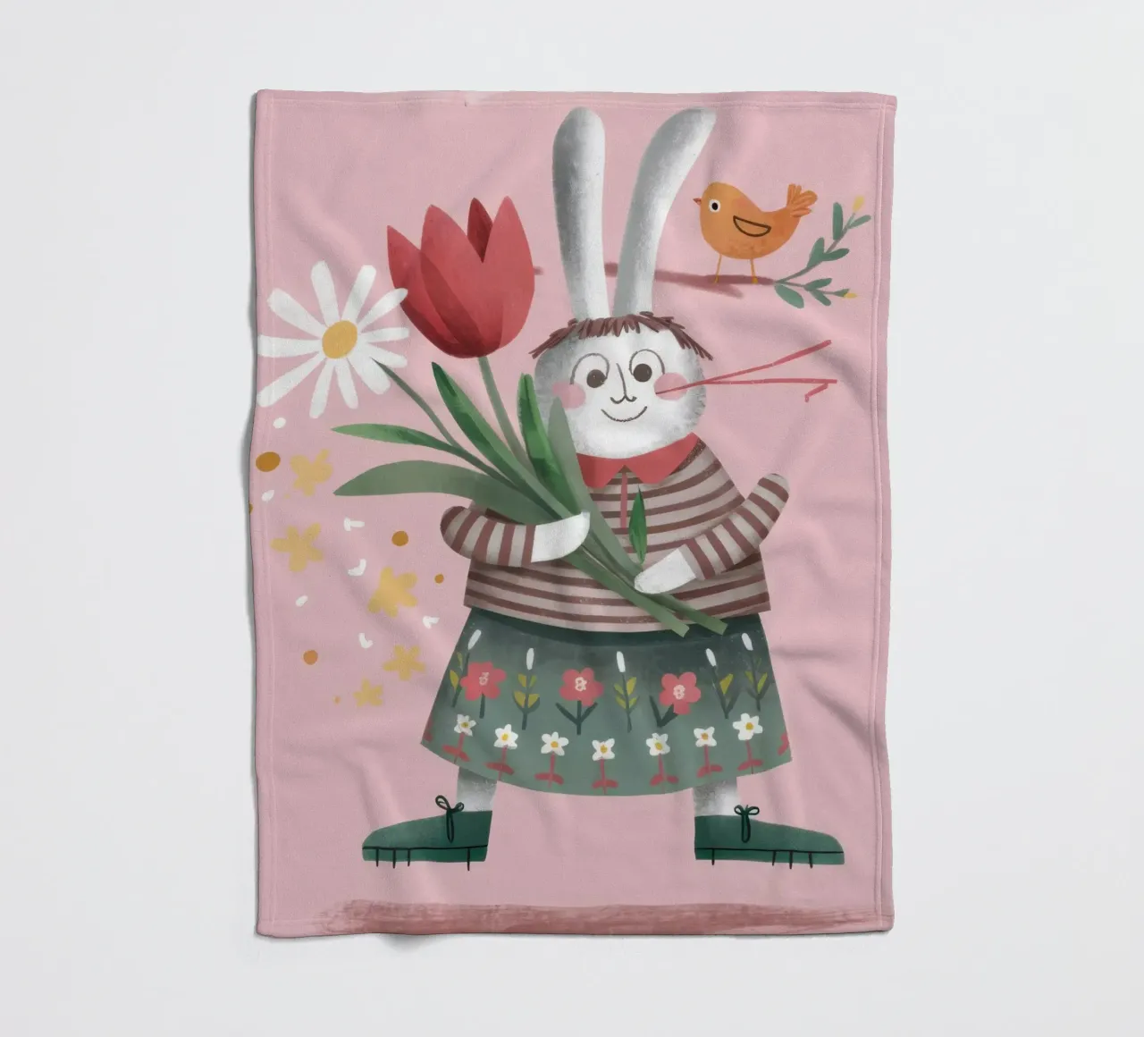 Rabbit with Tulips fleece blanket by Irish Strokes