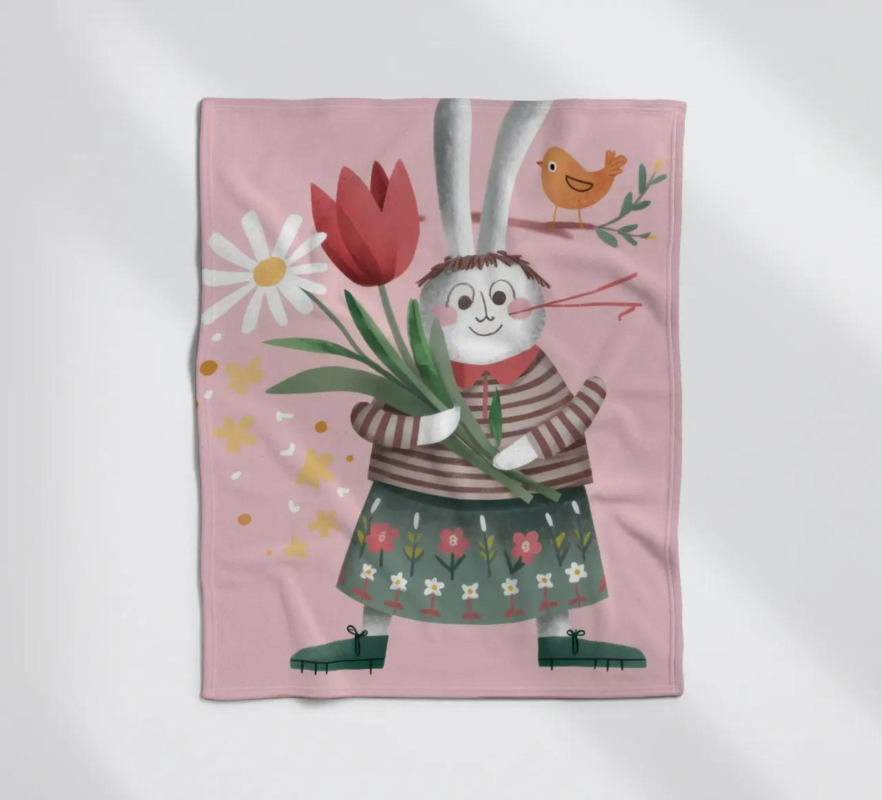 Rabbit with Tulips fleece blanket by Irish Strokes