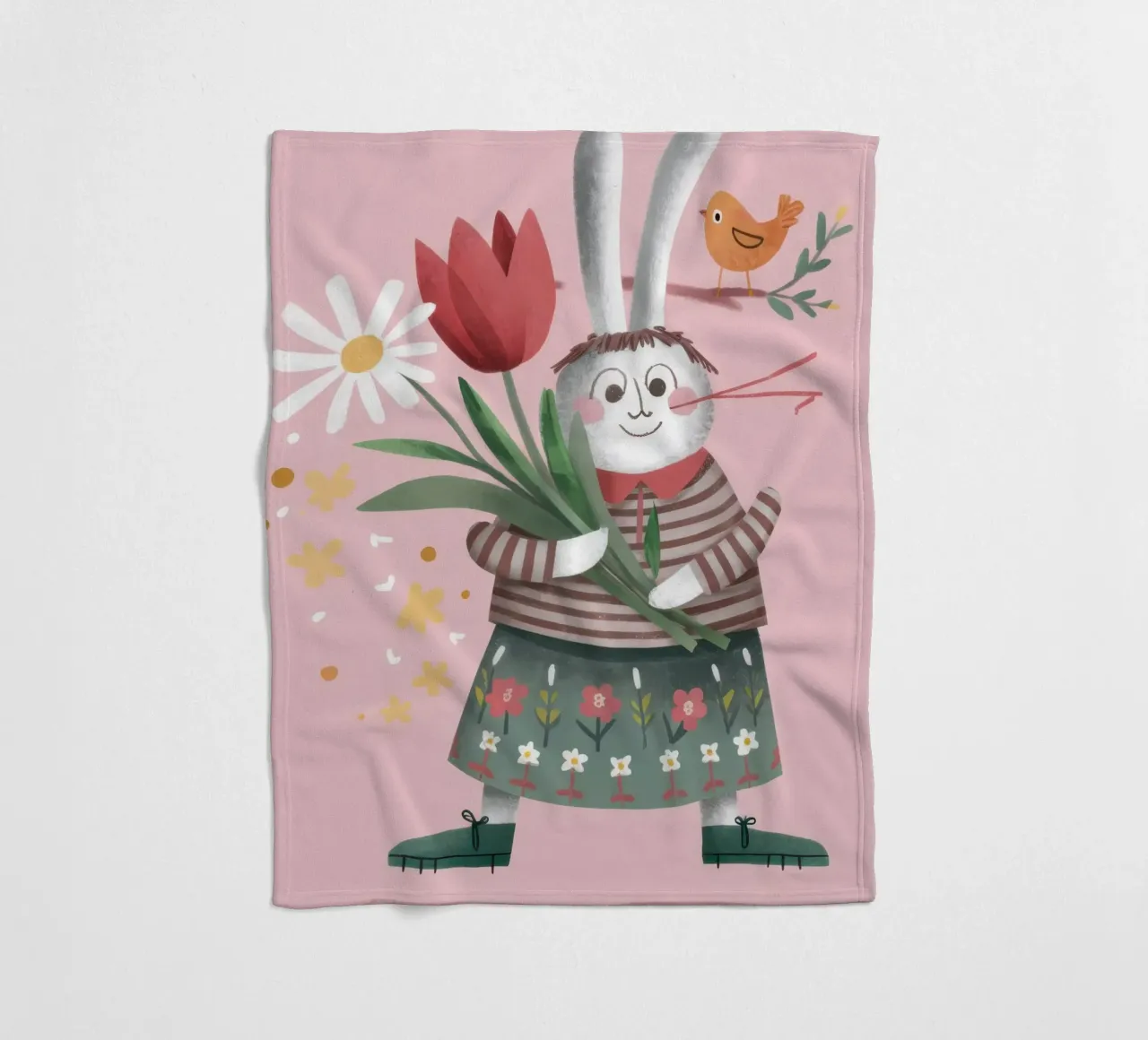 Rabbit with Tulips fleece blanket by Irish Strokes