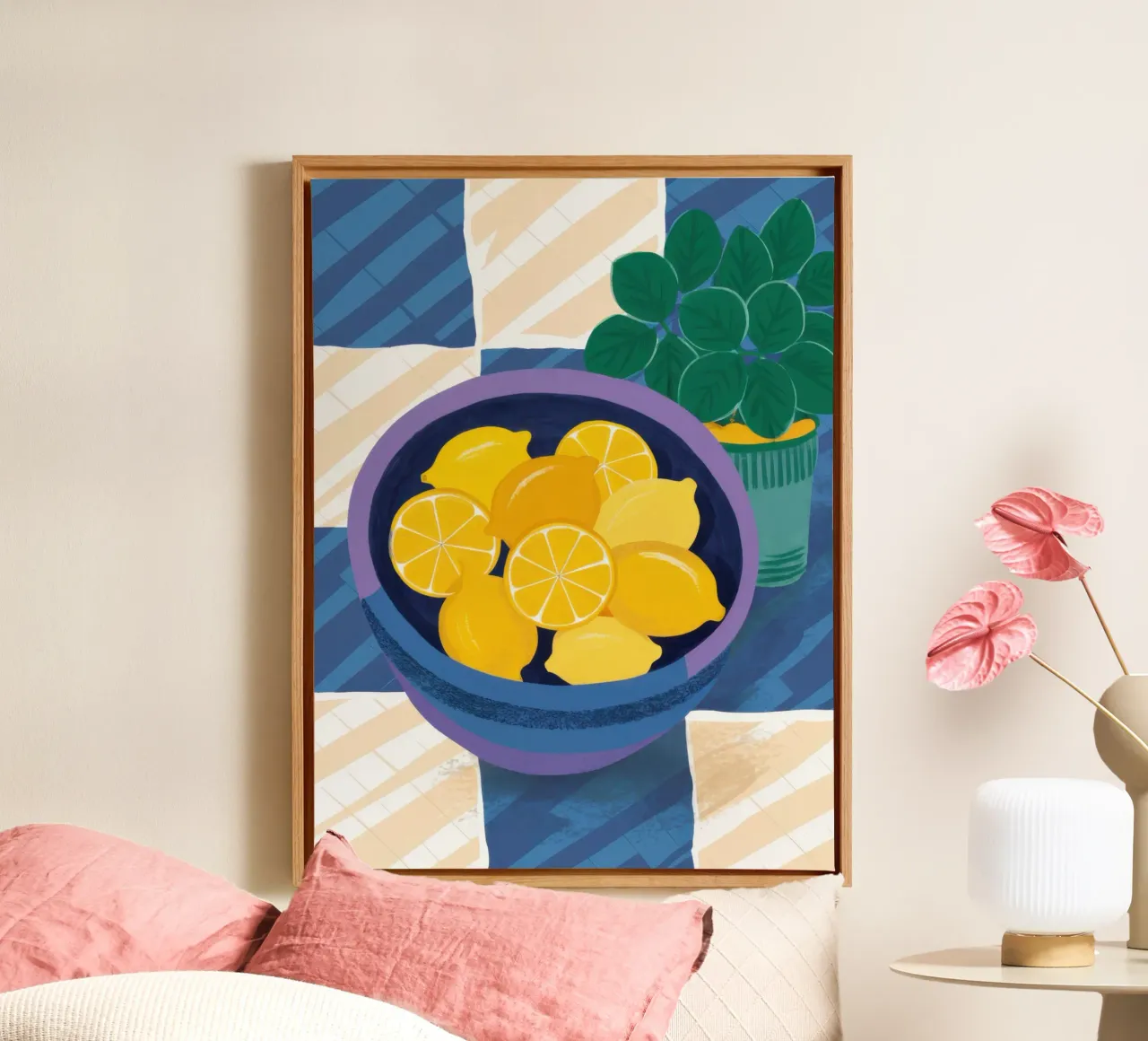 Checkered Lemon Bowl canvas with Floater frame by Gaia Viesta