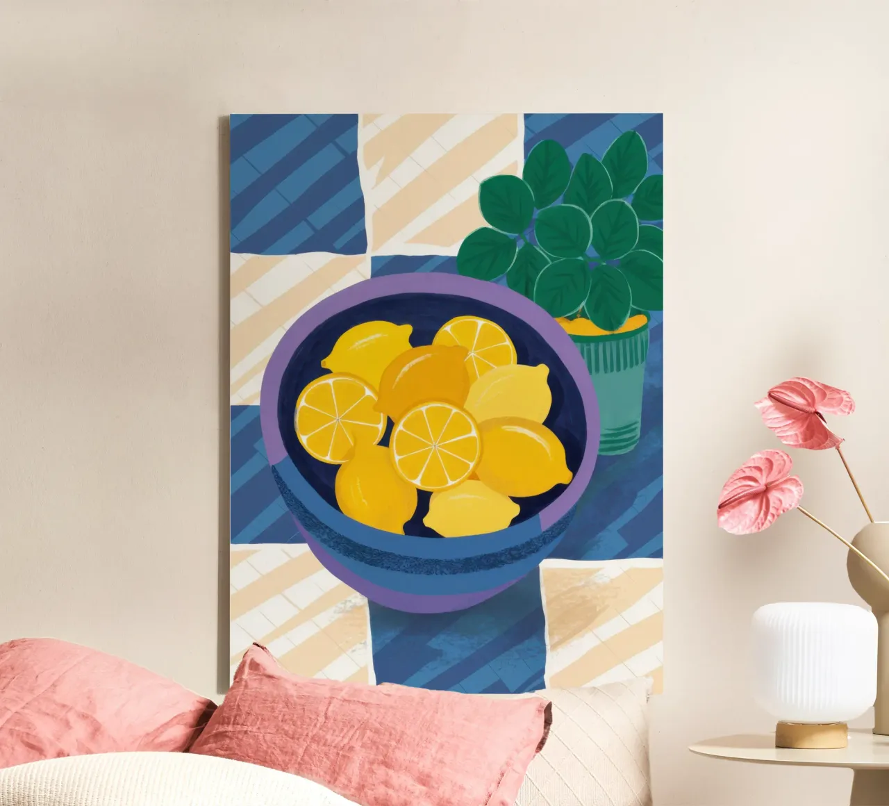 Checkered Lemon Bowl canvas with Floater frame by Gaia Viesta