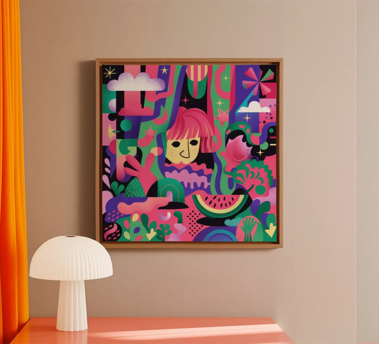 Neon Dreamscape Frenzy canvas with Floater frame by Selene Shade