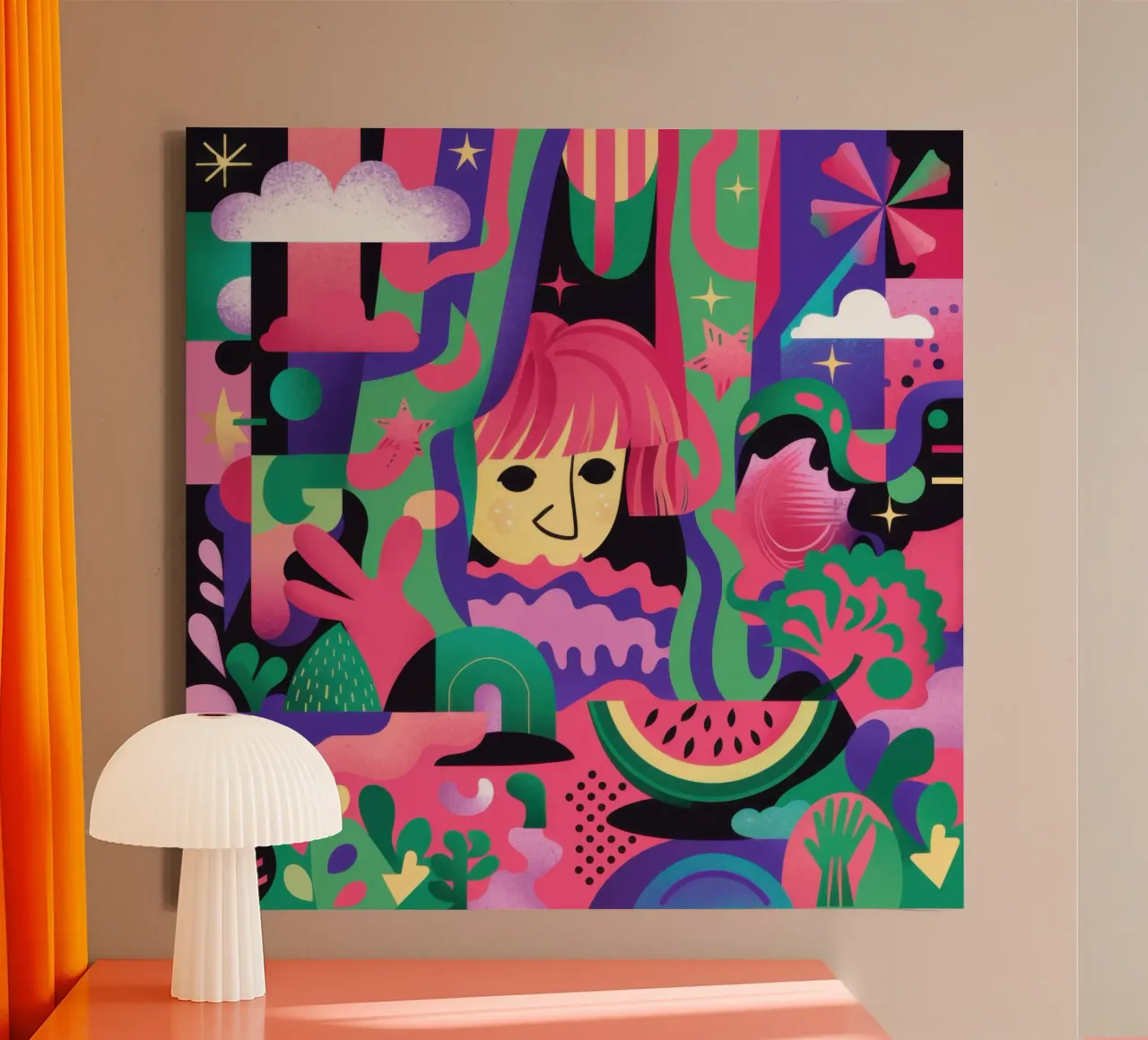 Neon Dreamscape Frenzy canvas with Floater frame by Selene Shade