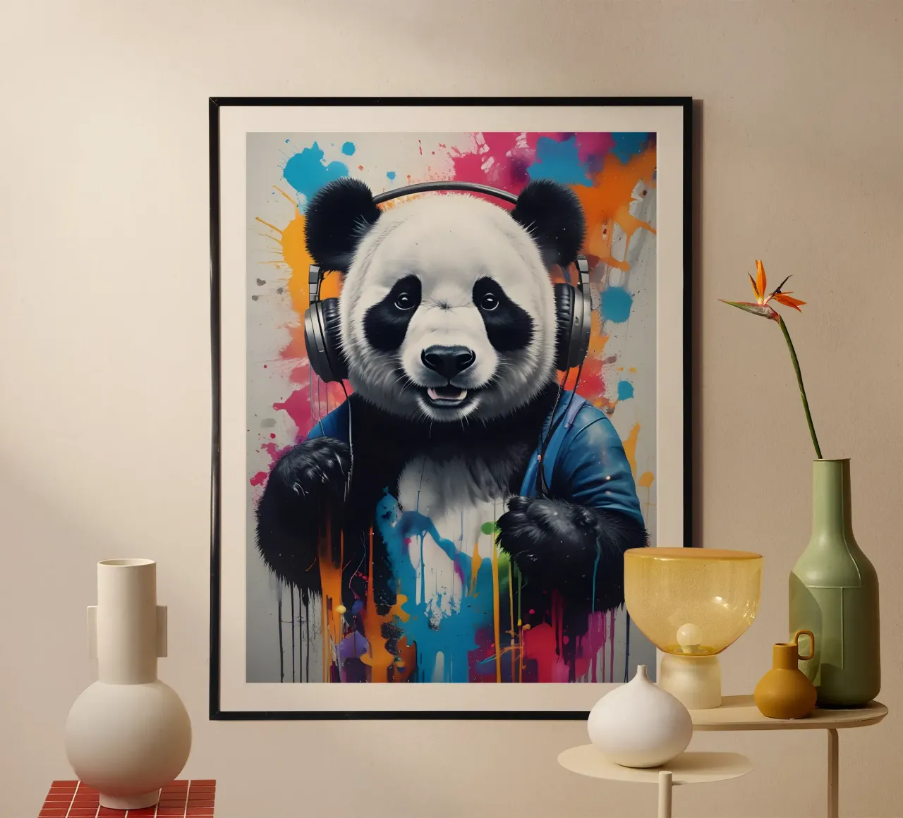 Panda tanzt mit Kopfhörern Poster mit Aluminium Rahmen von MakArena