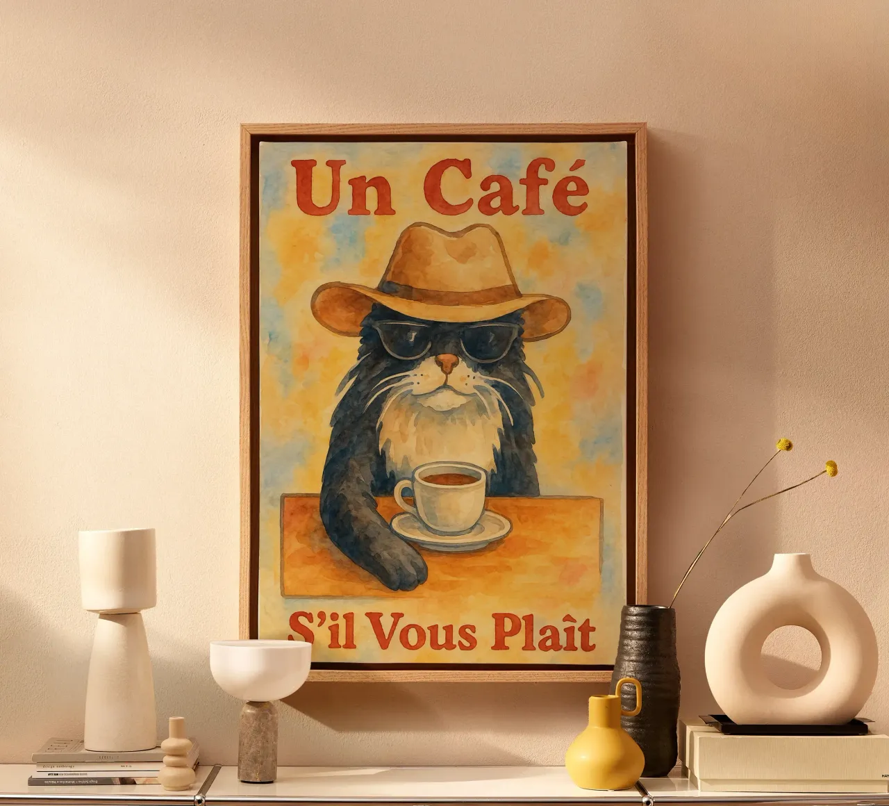 un cafe sil vous plait katze zeichnung illustration Leinwand mit Schattenfugenrahmen von citralake