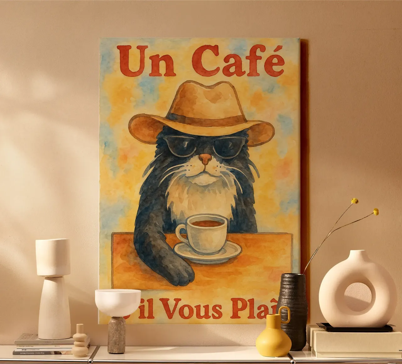 un cafe sil vous plait katze zeichnung illustration Leinwand mit Schattenfugenrahmen von citralake