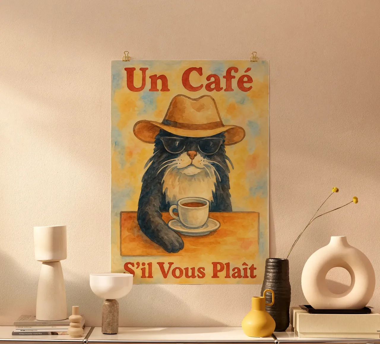 un cafe sil vous plait katze zeichnung illustration Poster von citralake