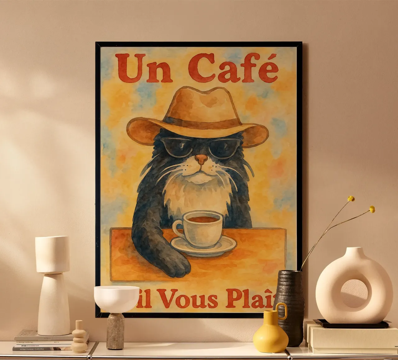 un cafe sil vous plait katze zeichnung illustration Poster von citralake
