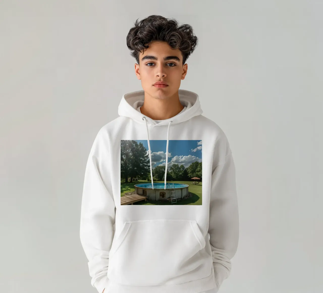 Piscina fuori terra con scala e terrazza in cortile felpa con cappuccio da DesignDoodle