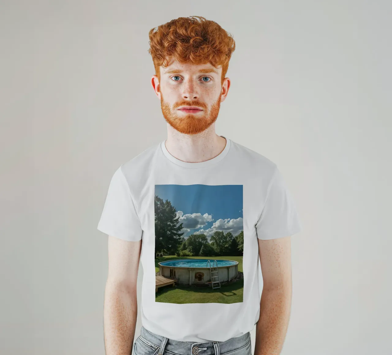 Piscina fuori terra con scala e terrazza in cortile t-shirt da DesignDoodle