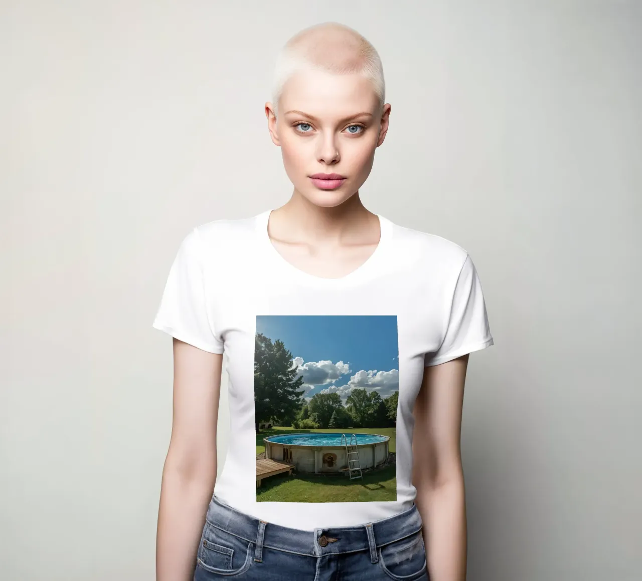 Piscina fuori terra con scala e terrazza in cortile t-shirt da donna da DesignDoodle