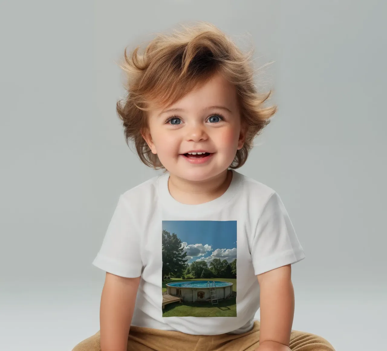 Piscina fuori terra con scala e terrazza in cortile maglietta neonato da DesignDoodle