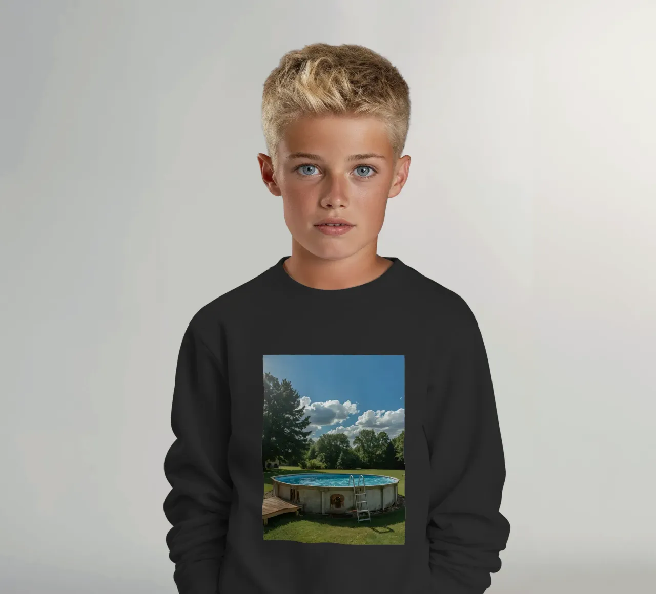 Piscina fuori terra con scala e terrazza in cortile felpa bambino da DesignDoodle
