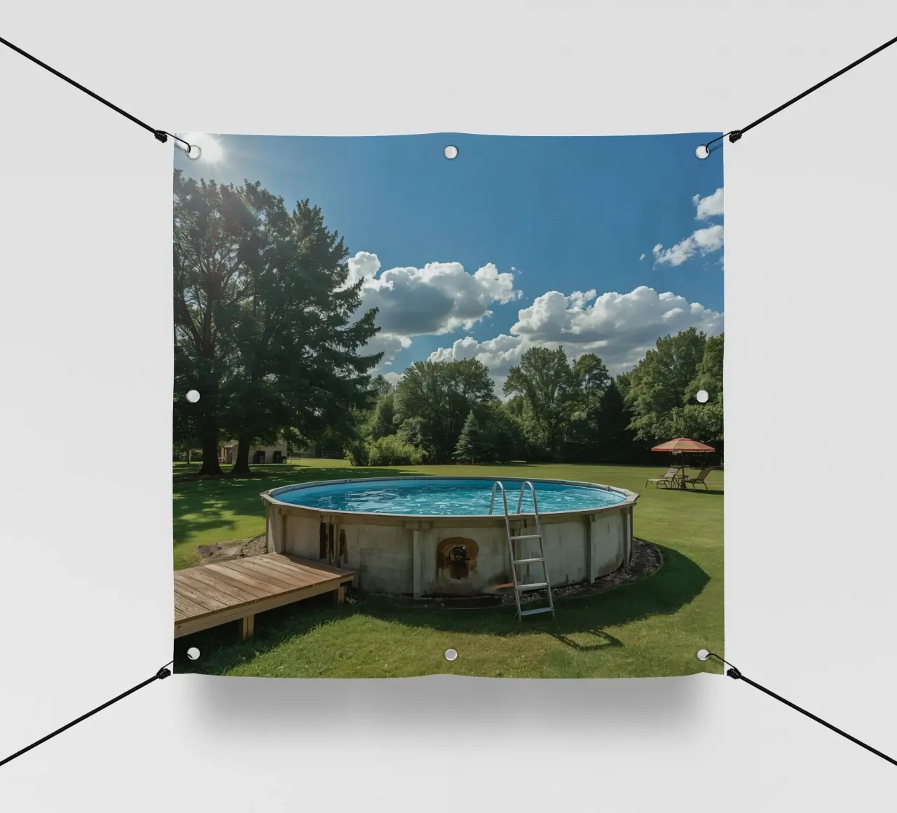 Piscina fuori terra con scala e terrazza in cortile telo in pvc da DesignDoodle