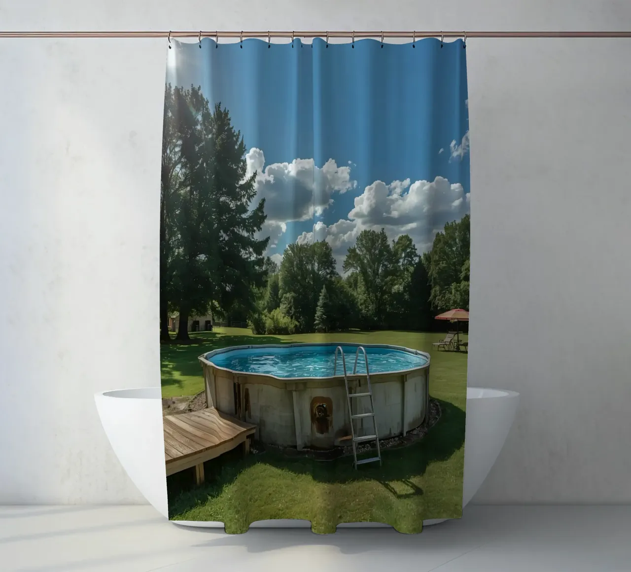 Piscina fuori terra con scala e terrazza in cortile tenda da doccia da DesignDoodle
