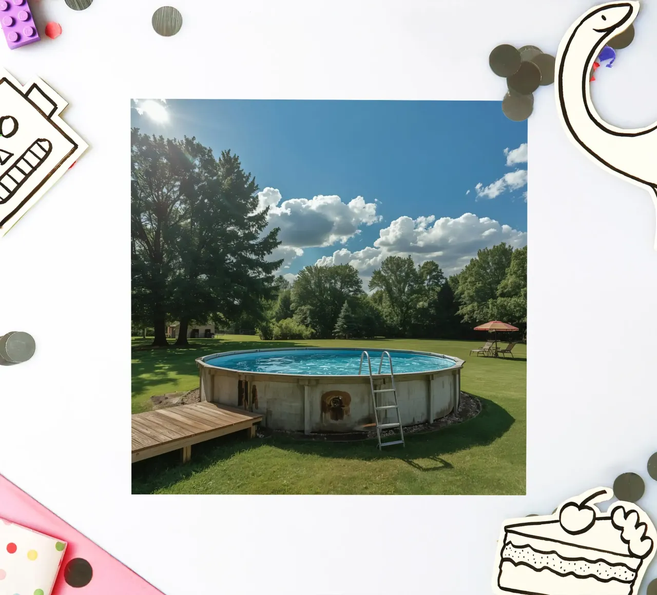 Piscina fuori terra con scala e terrazza in cortile adesivo da DesignDoodle