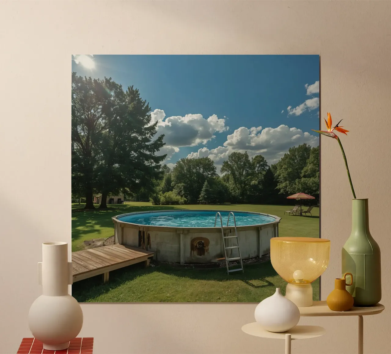 Piscina fuori terra con scala e terrazza in cortile poster da DesignDoodle