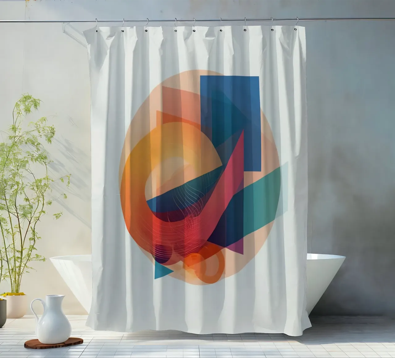 Abstract Geometric Composition with Circles Squares & Triang shower curtain by DesignDoodle