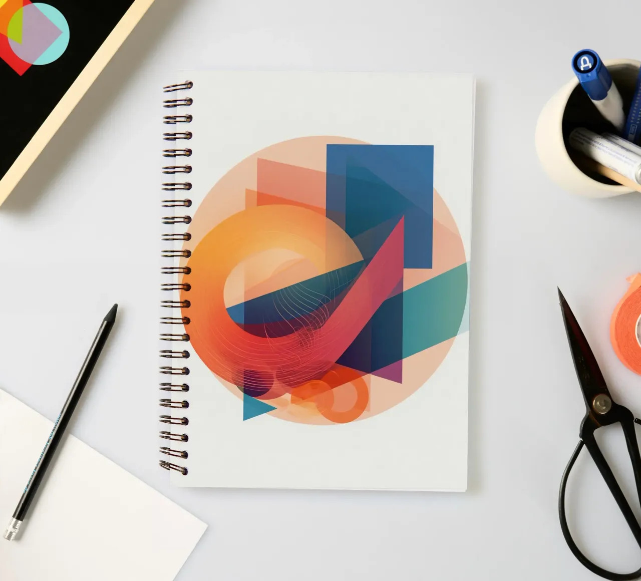 Abstract Geometric Composition with Circles Squares & Triang spiral notebook by DesignDoodle