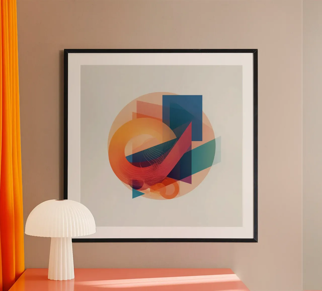 Composizione geometrica astratta con cerchi, quadrati e triangoli poster con telaio in plastica da DesignDoodle