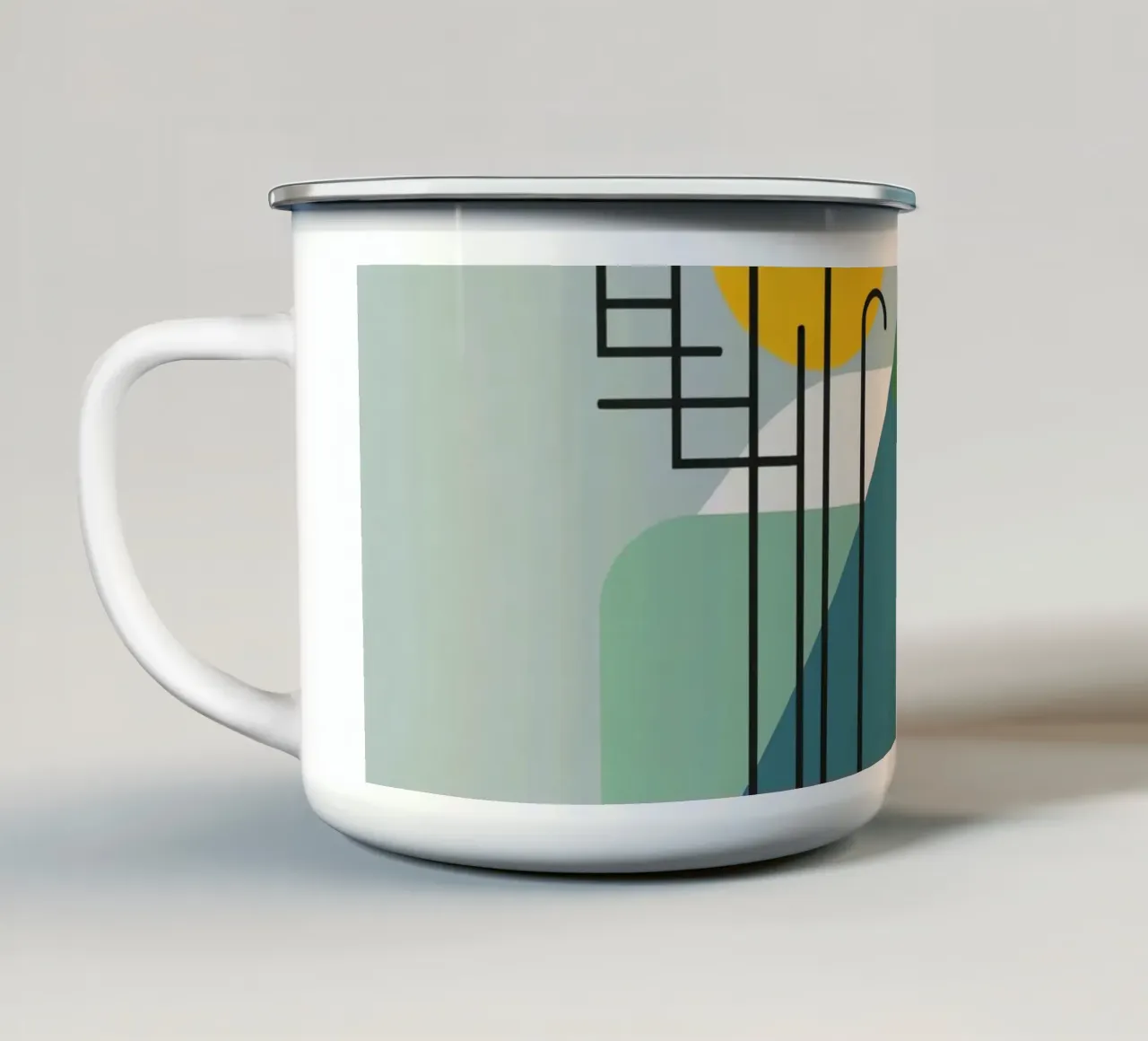 Composizione geometrica astratta con scala e arte circolare tazza in smalto da DesignDoodle