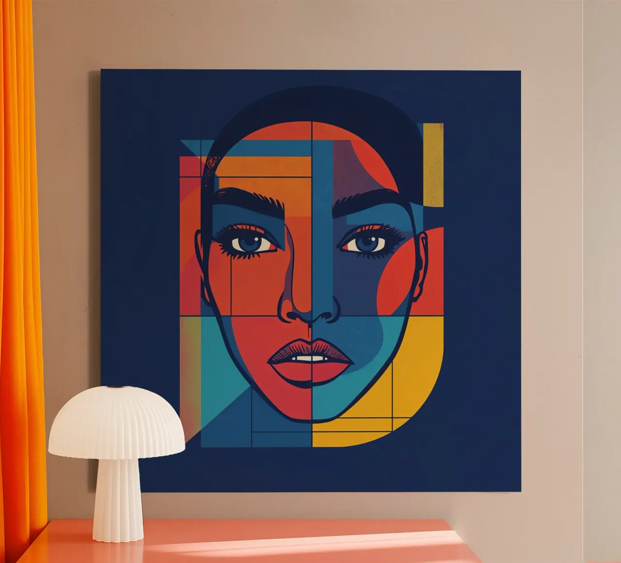 Abstraktes geometrisches Porträt einer Frau, blauer Hintergrund Leinwand mit Schattenfugenrahmen von DesignDoodle
