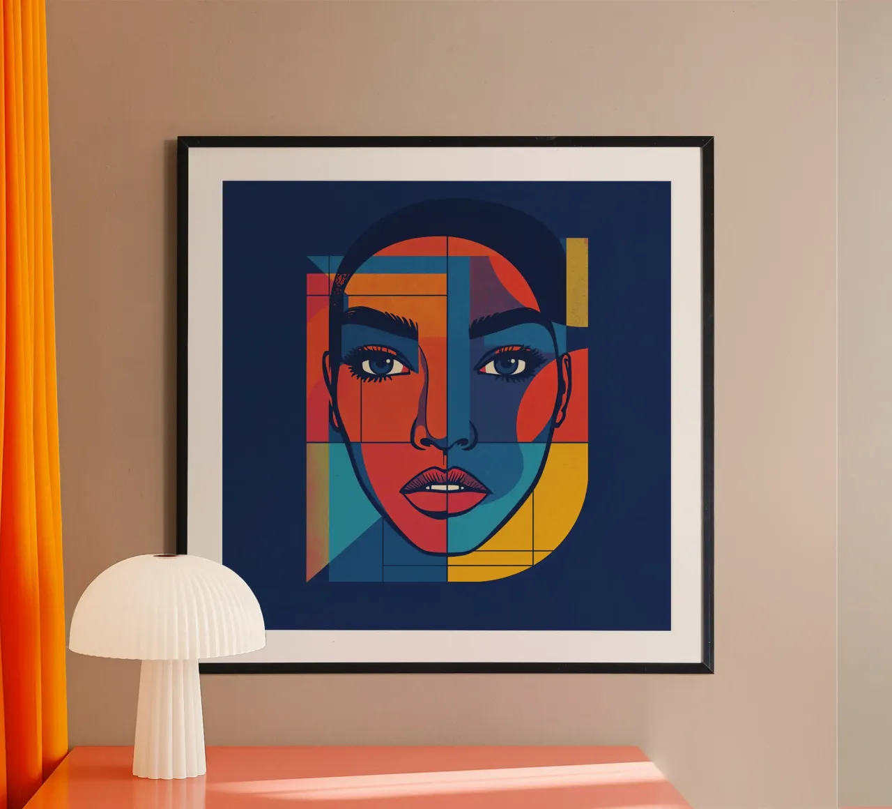 Abstraktes geometrisches Porträt einer Frau, blauer Hintergrund Poster mit Aluminium Rahmen von DesignDoodle